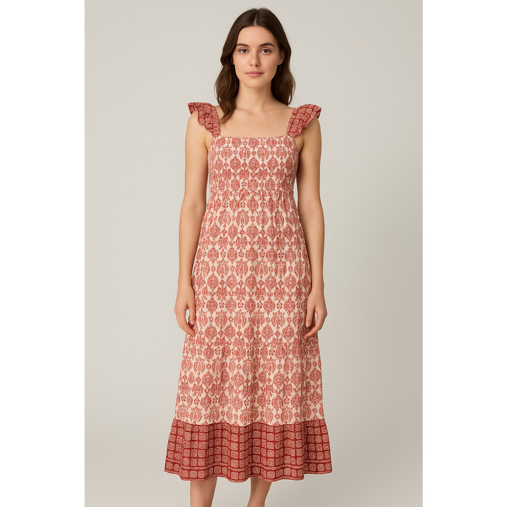 By The River Tiered Midi Dress Womens Small Red Printed Cottagecore Prairie Boho